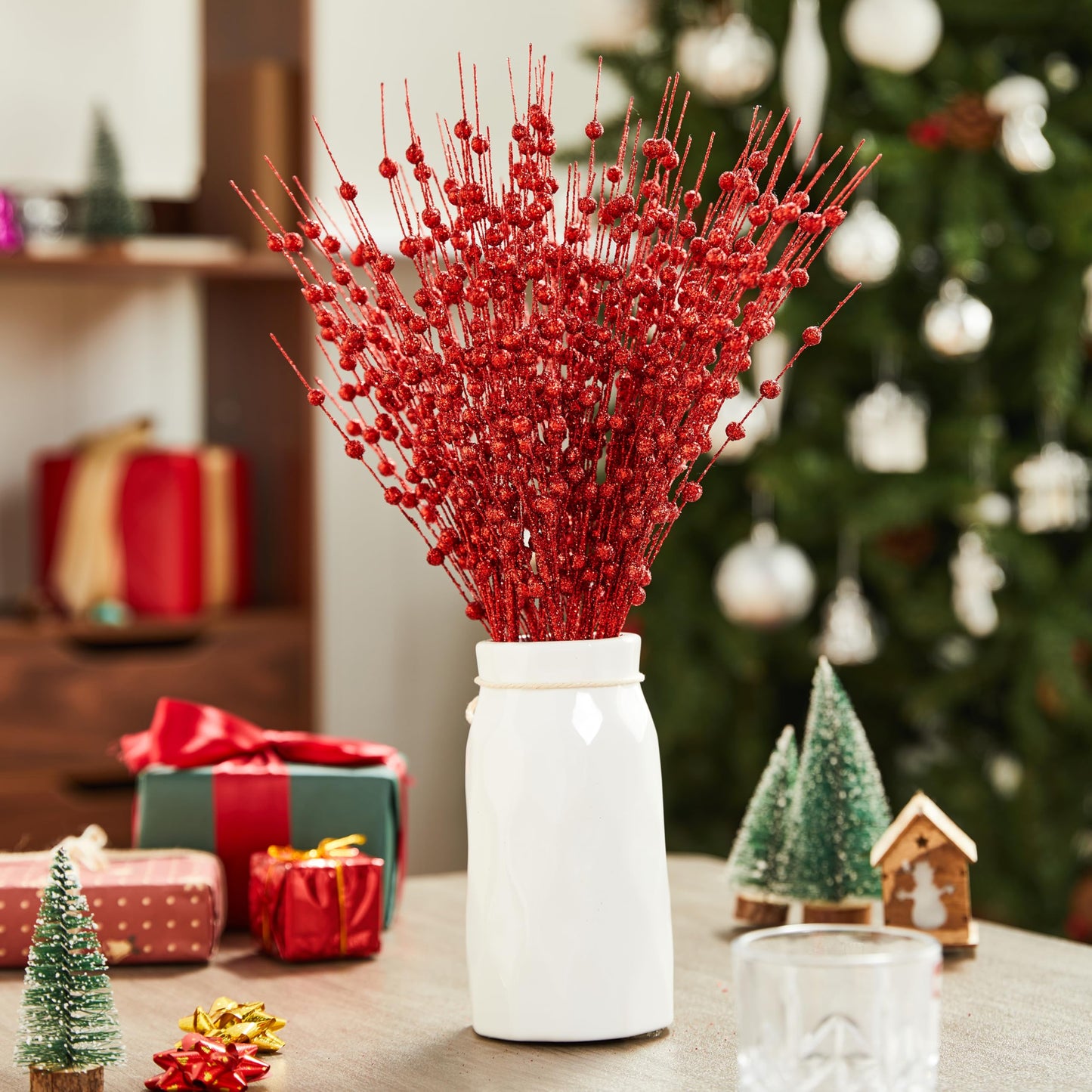 12 Pcs Red Christmas Glitter Berry Stem Ornaments