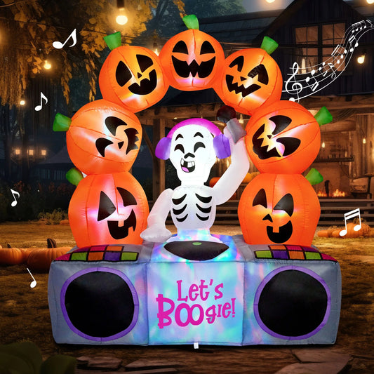 6ft Halloween Inflatable Skeleton Pumpkin with Animated Lights and Music