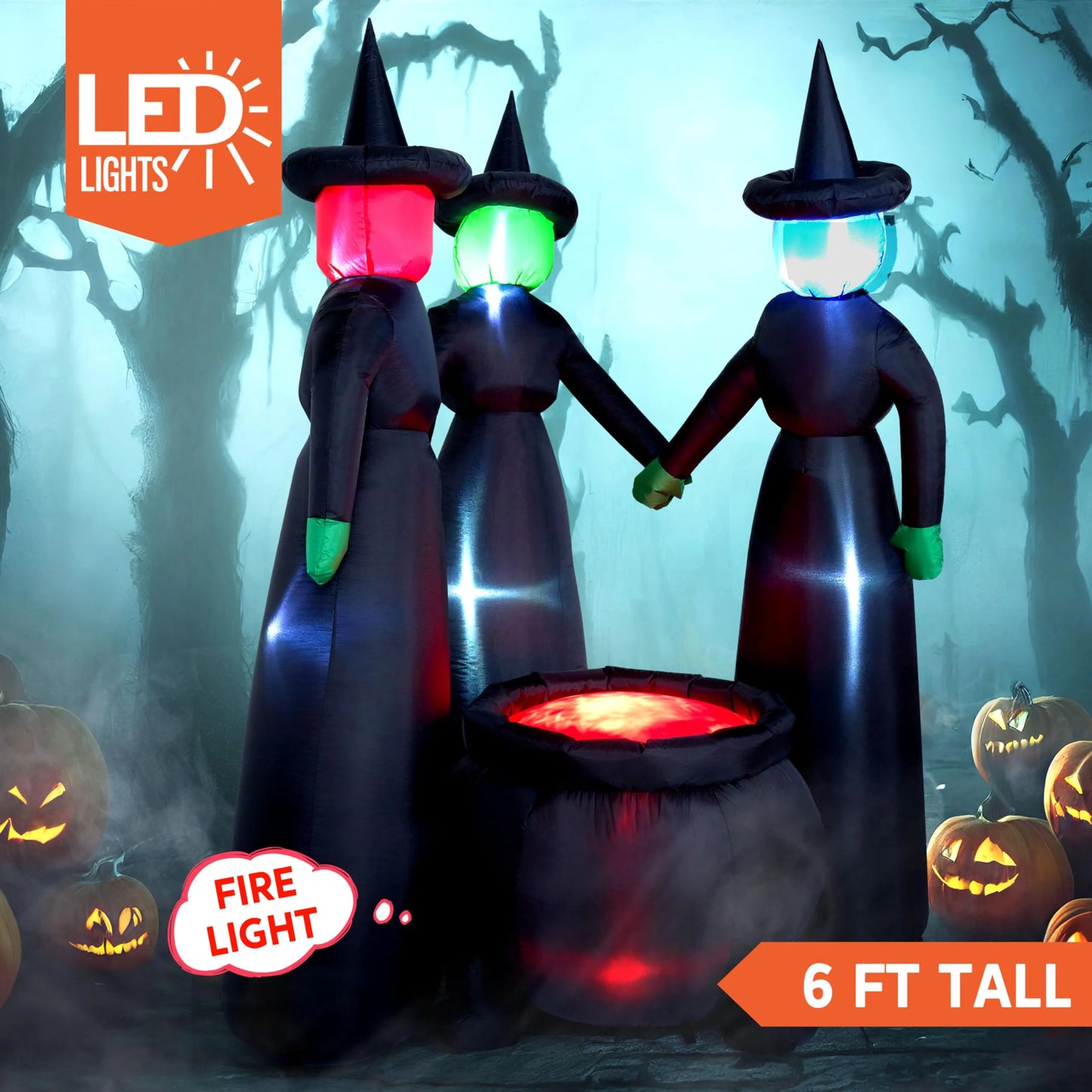 6ft 3 No Face Dark Witch and Cauldron Halloween Inflatable with Fire Lights