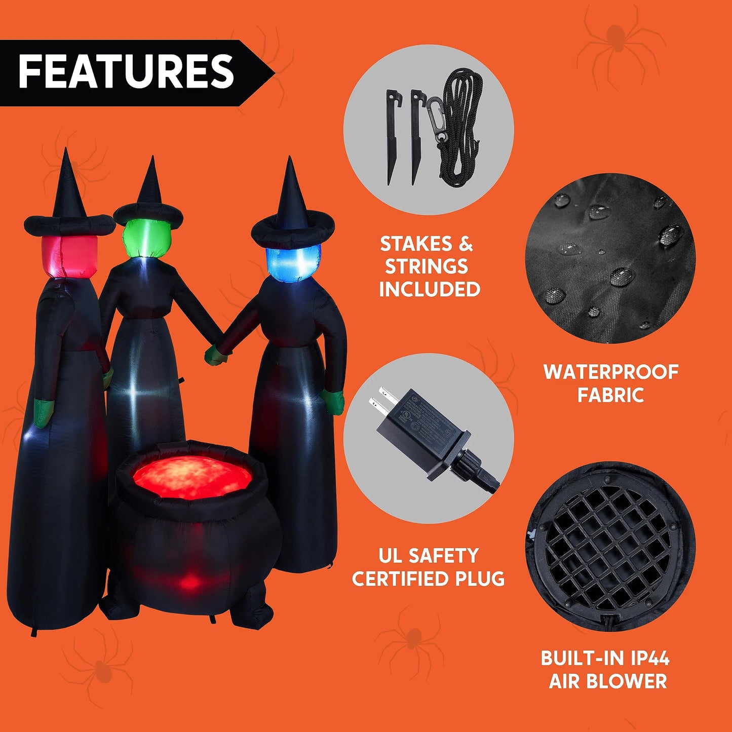 6ft 3 No Face Dark Witch and Cauldron Halloween Inflatable with Fire Lights