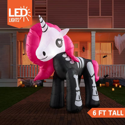 Joiedomi 6ft Long Halloween Inflatable Skeleton Unicorn with Built-in LEDs