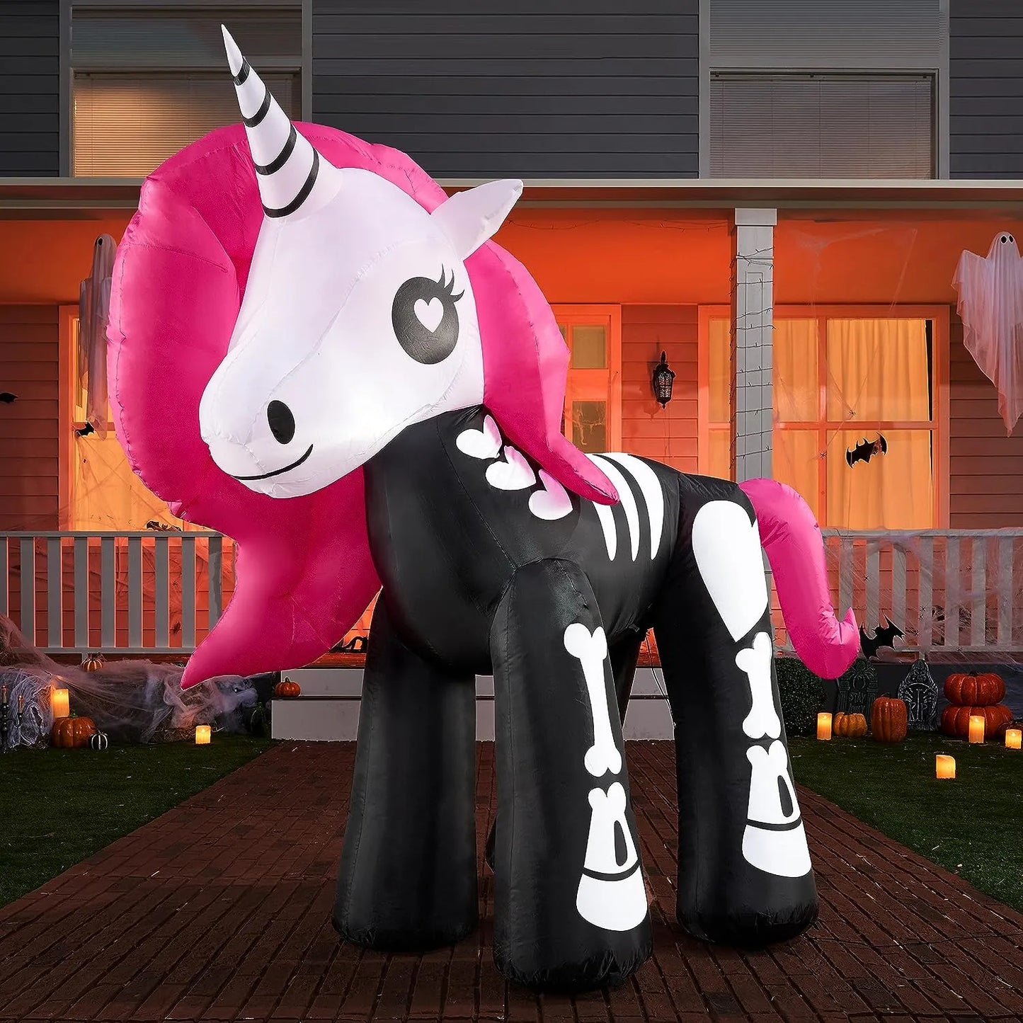 Joiedomi 6ft Long Halloween Inflatable Skeleton Unicorn with Built-in LEDs