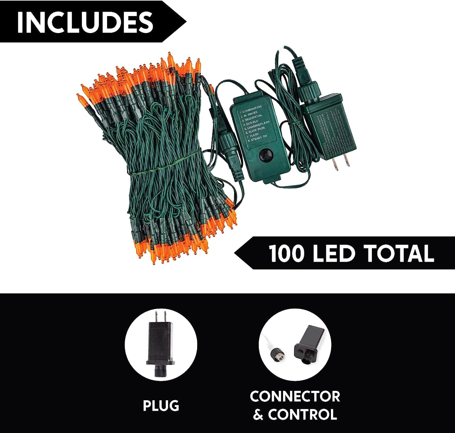 42.9 Ft 100-Count Orange LED 8 Modes Green Wire Light Set