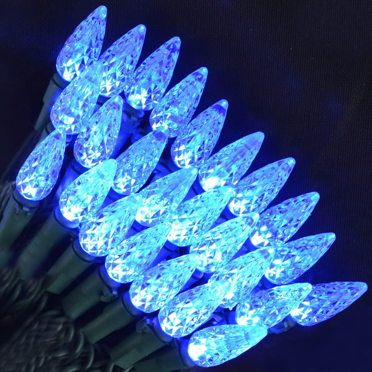 34.1 Ft 100 Counts of Blue C6 LED Green Wire Light Set