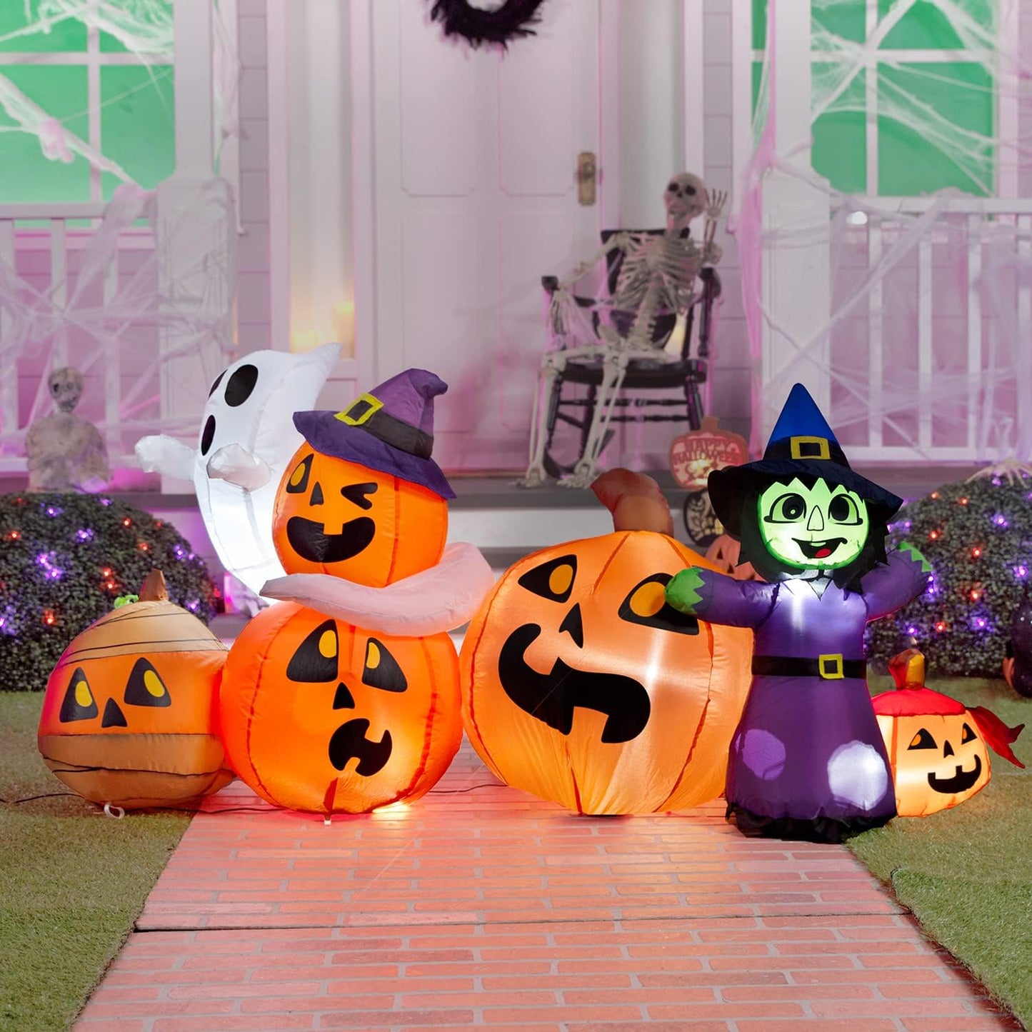 6 ft. Long Pumpkin with Witch and Ghost Halloween Inflatables