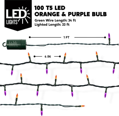 100 Orange & Purple LED Green Wire String Lights