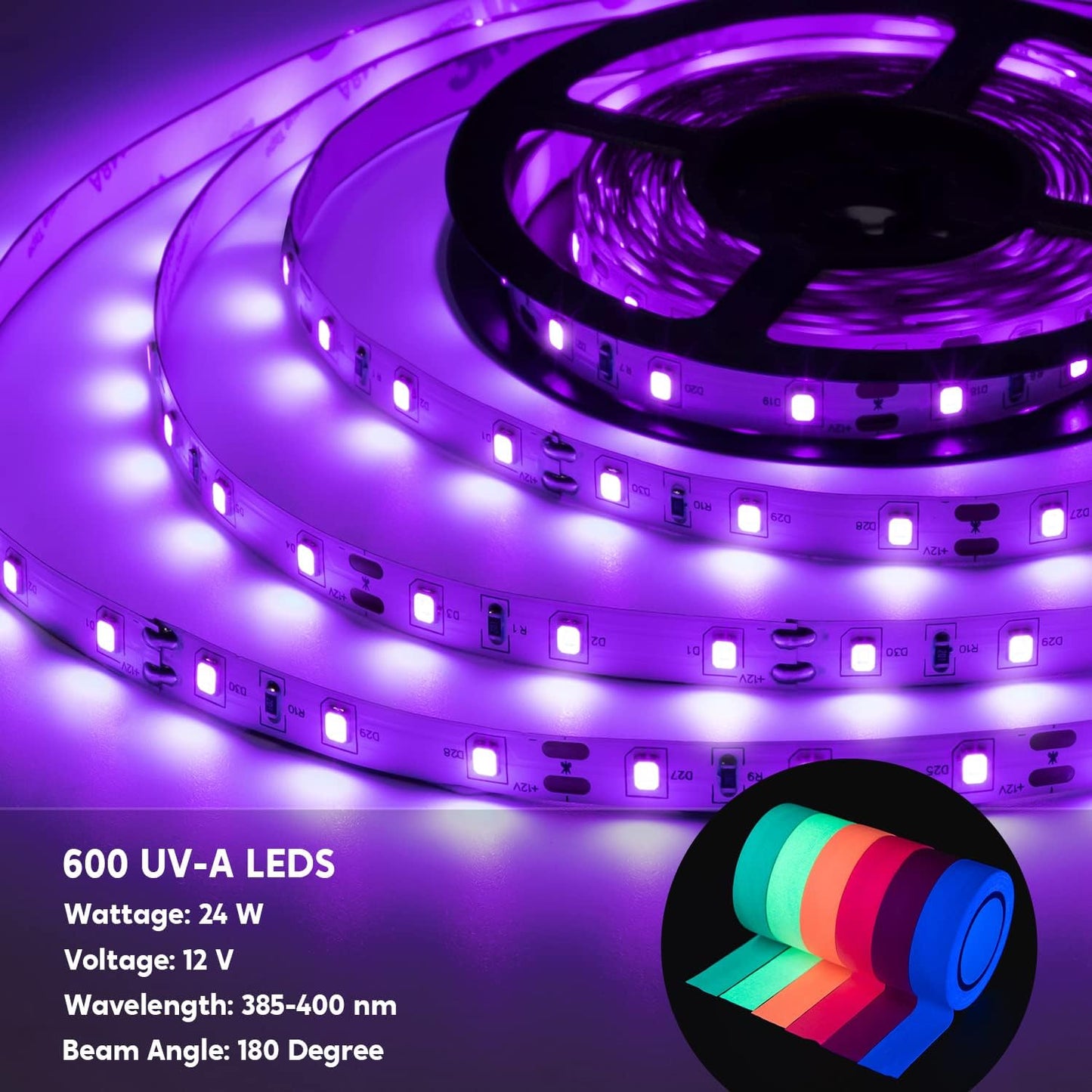 32.8ft LED Black Light Strip Kit with Blacklight Reactive UV Tape