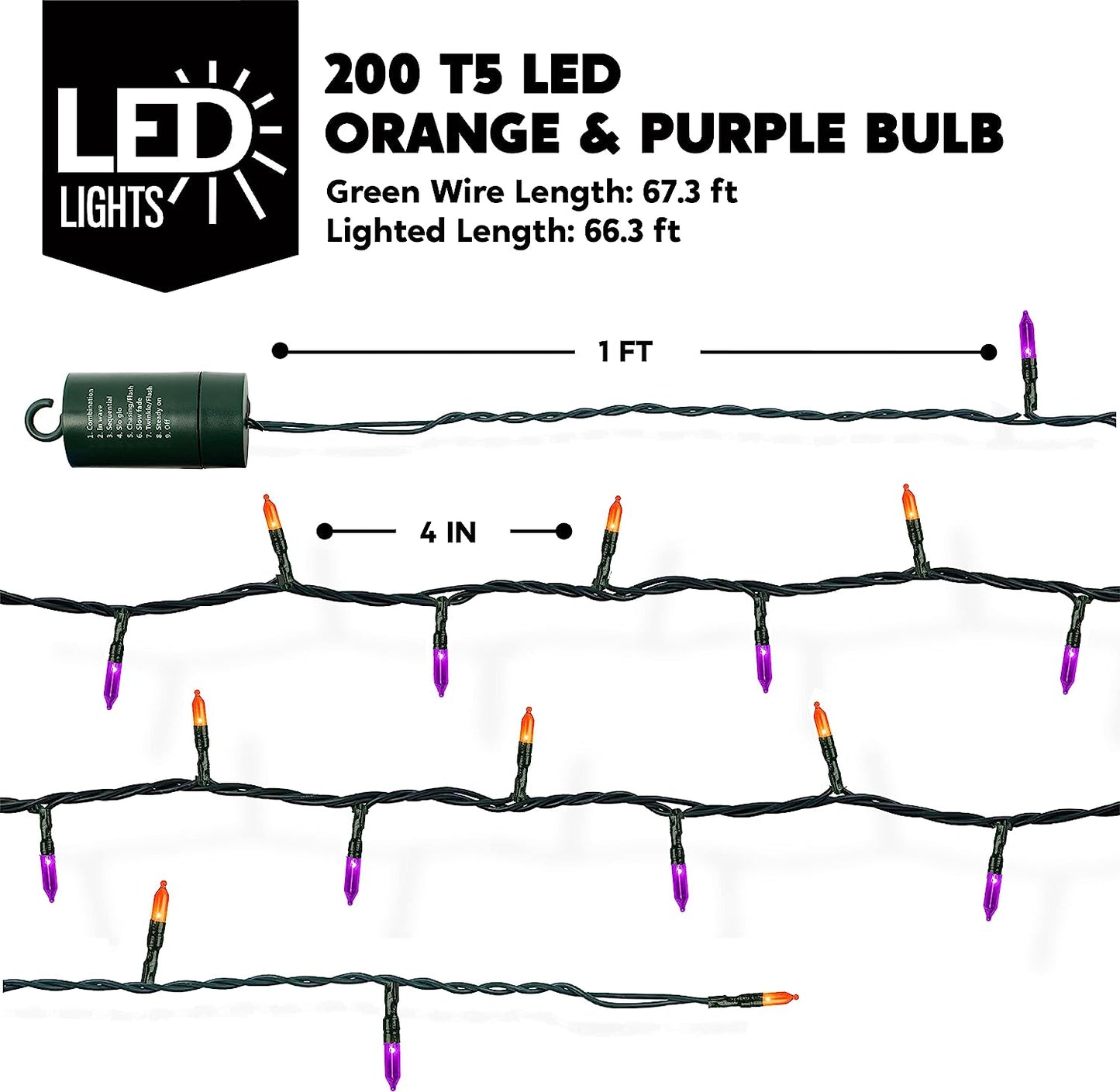 200 Orange & Purple LED Green Wire String Lights