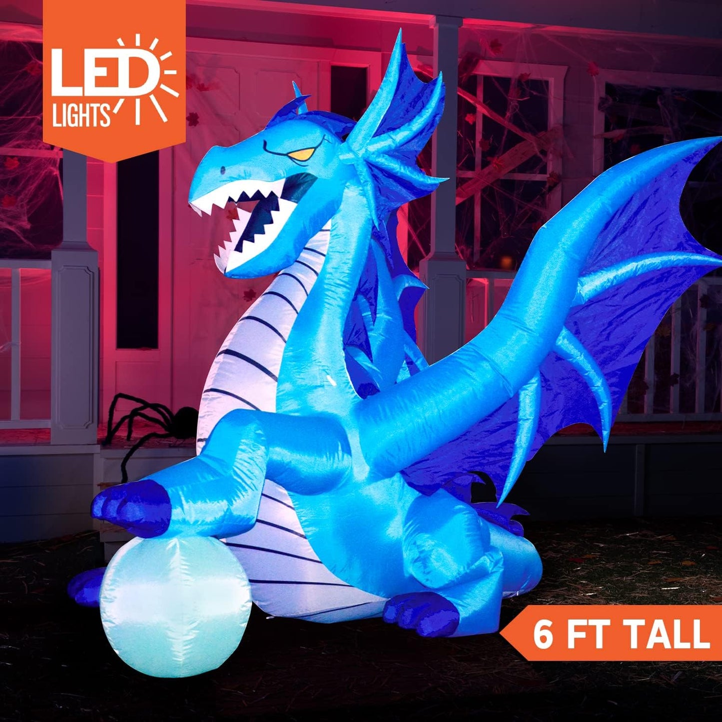 6 FT Tall Halloween Inflatable Sitting Ice Dragon with globe