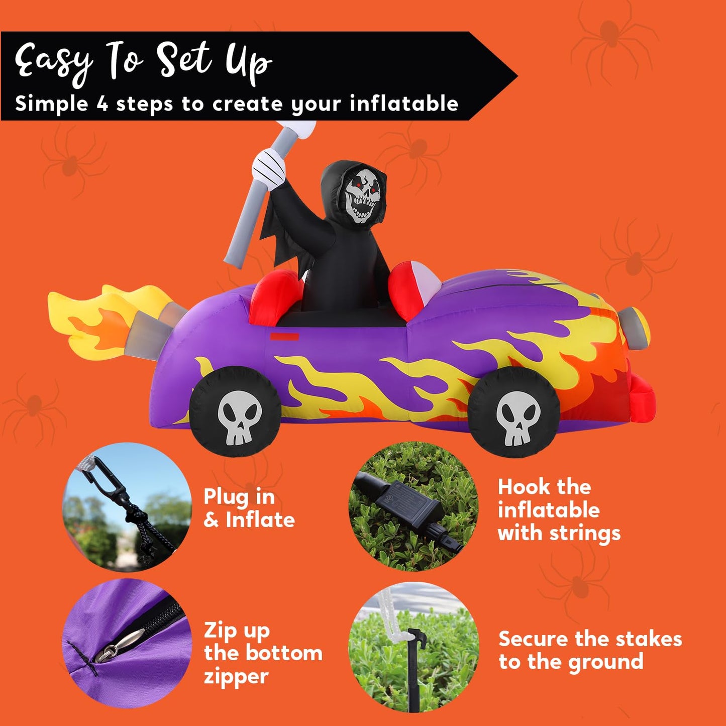 8ft Long Halloween Inflatable Grim Reaper Driving Car