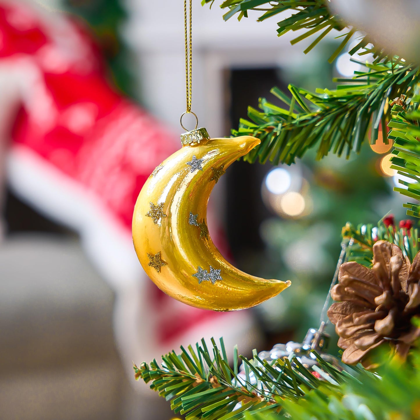 Glitter Blown Glass Moon Decorations for Tree Hanging Ornament