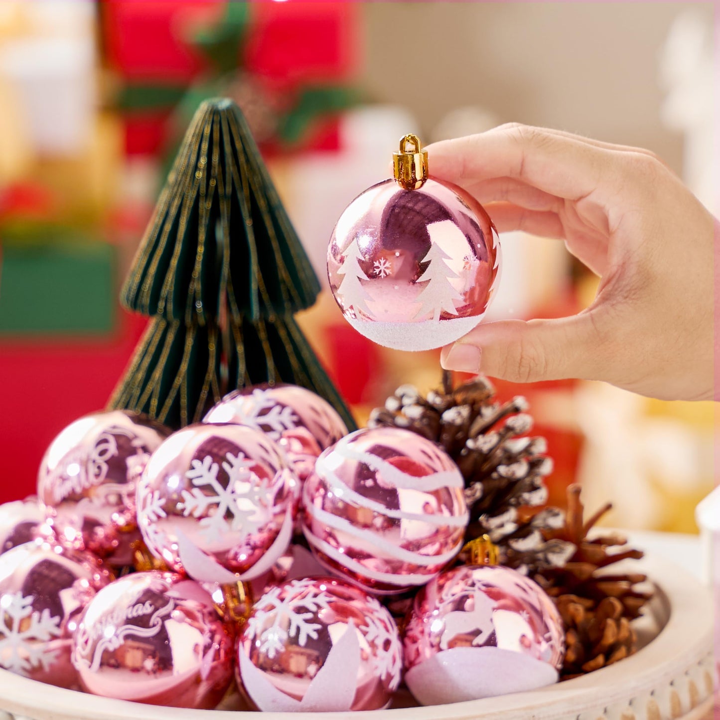 24 Pcs 2.3" Pink White Christmas Ball Ornaments Set