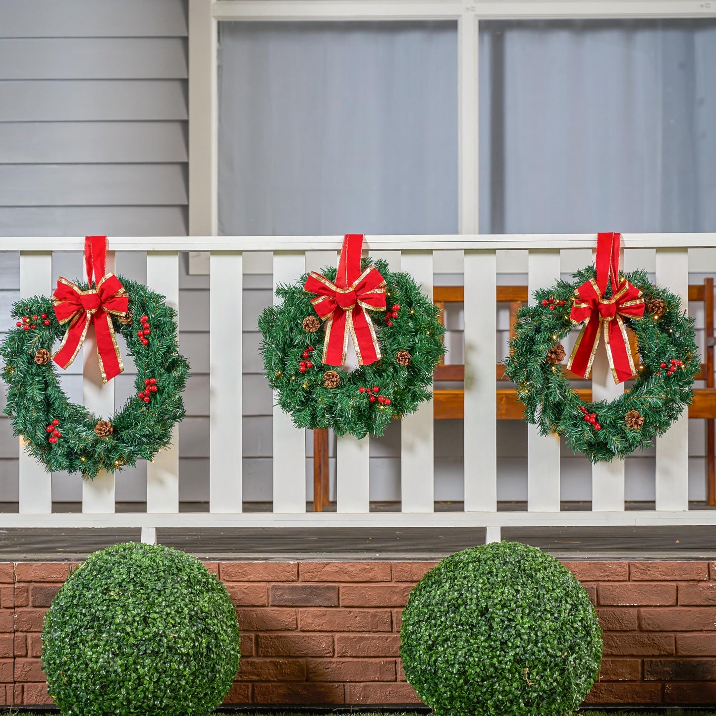 3 Pack 19" Christmas Wreaths with Bow Pre-Lit