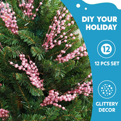 12Pcs 17” Pink Christmas Berry Stem Ornaments