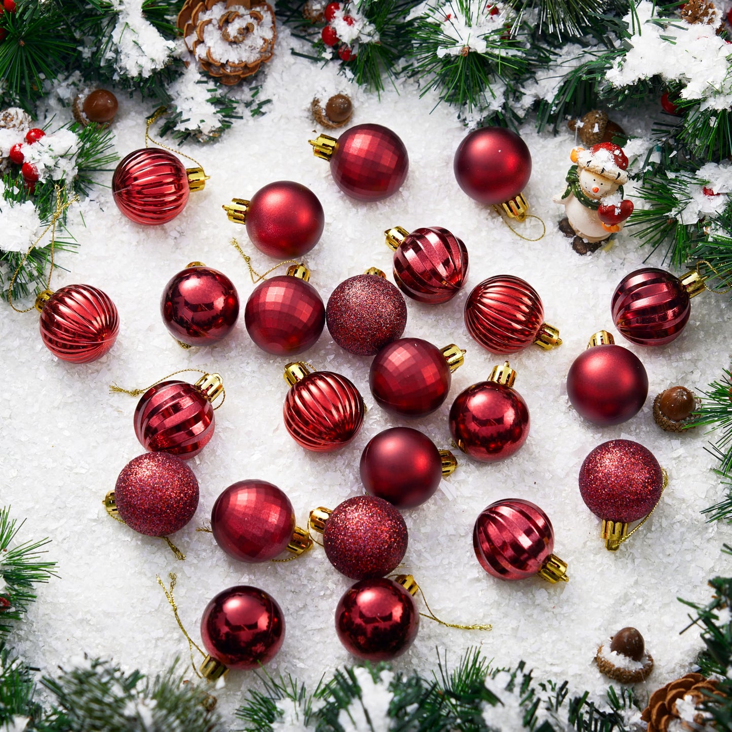24 Pcs 1.6" Burgundy Red Christmas Balls Ornaments Set