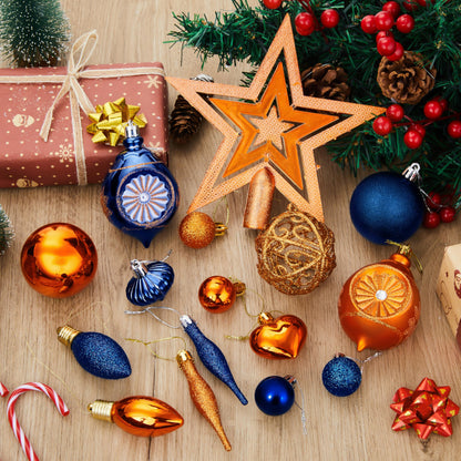 36 Pcs Blue and Orange Christmas Tree Ornaments with Star Topper and Heart