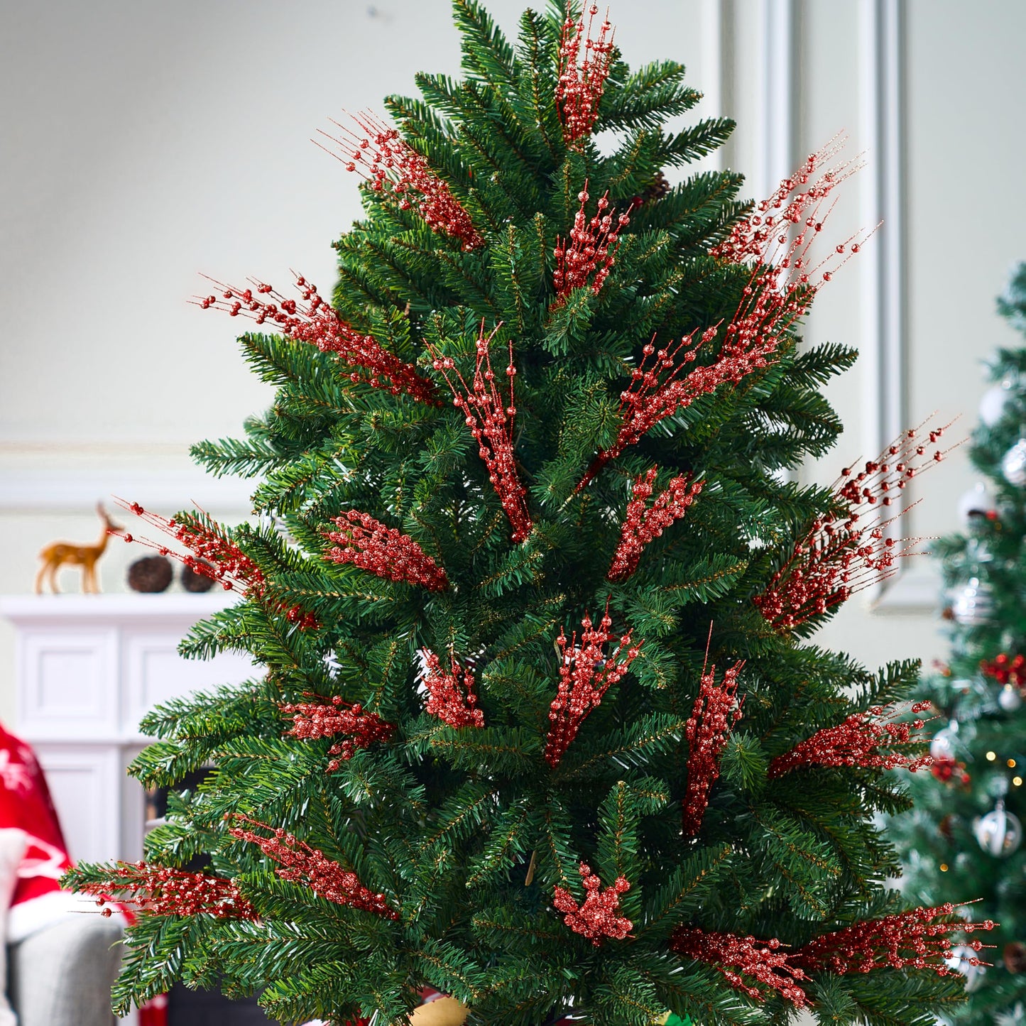 12 Pcs Red Christmas Glitter Berry Stem Ornaments