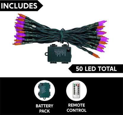 17.3ft 2 x 50 Counts Orange & Purple LED Green Wire String Lights, Remote Control Battery Powered (8 Modes, 6 Hr Timer)