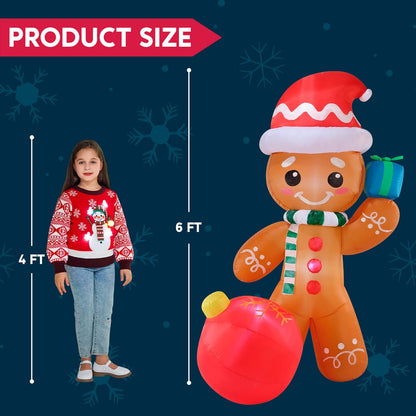 6 FT Tall Inflatable Gingerbread with Ornament Christmas Inflatable with Build-in LEDs