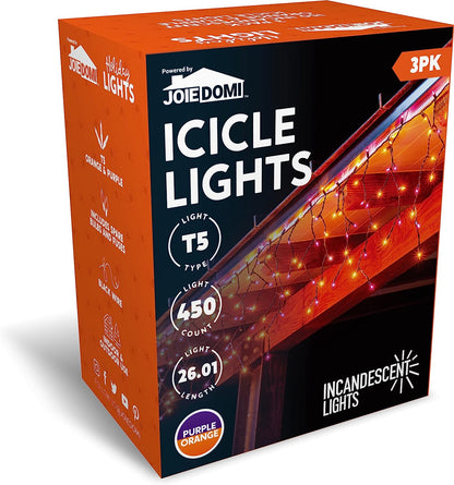 150 Incandescent Black Wire Icicle Lights (Orange & Purple), 3 Packs