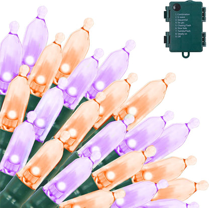 17.3ft 2 x 50 Counts Orange & Purple LED Green Wire String Lights, Remote Control Battery Powered (8 Modes, 6 Hr Timer)