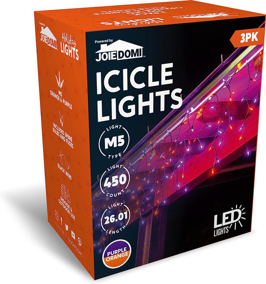 150 M5 LED Black Wire Icicle Lights (Orange & Purple), 3 Packs