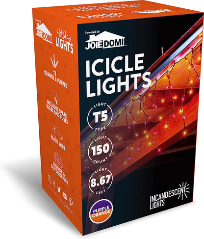 150 Incandescent Black Wire Icicle Lights (Orange & Purple)