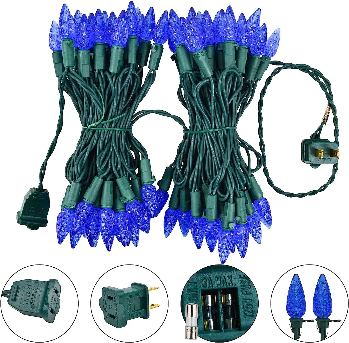 34.1 Ft 100 Counts of Blue C6 LED Green Wire Light Set