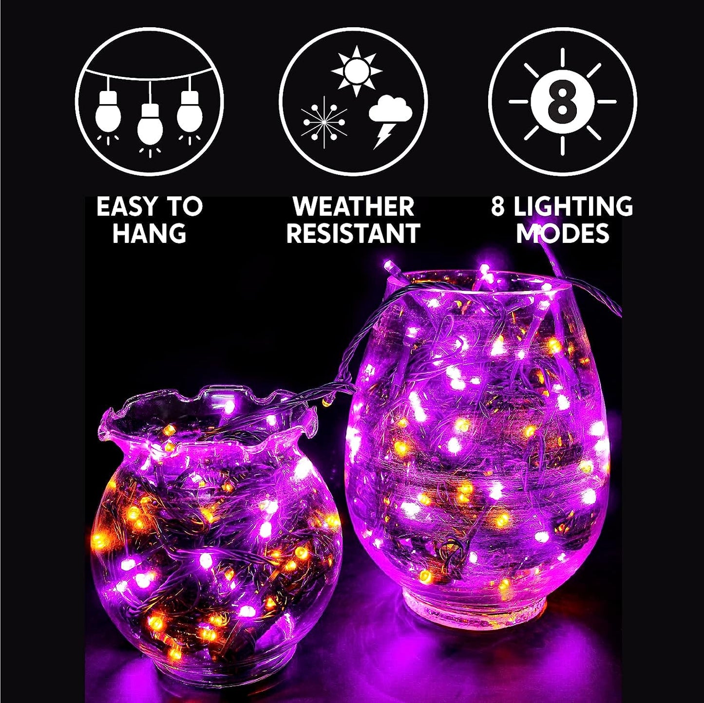 200-Count Orange & Purple LED Mini String Lights, 8 Modes