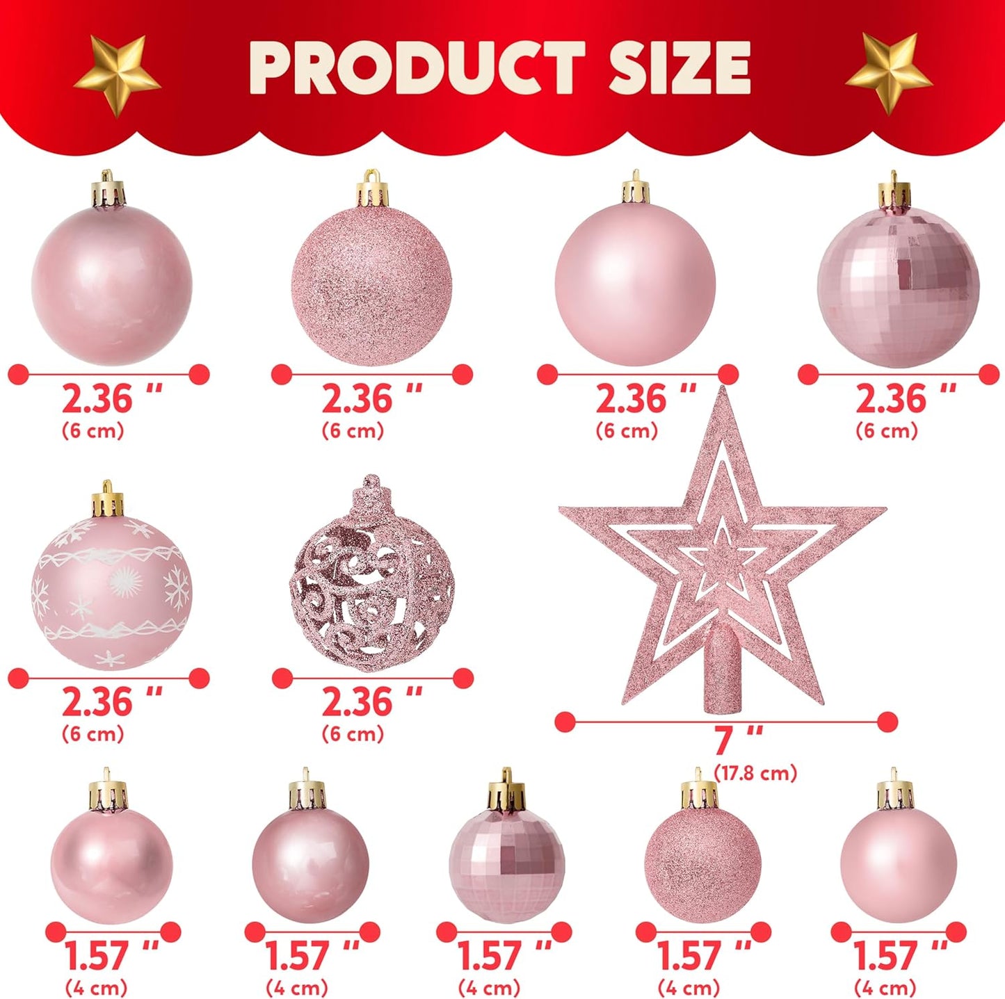 86 Pcs Assorted Rose Gold Christmas Ball Ornaments Set, Multi-Sized Christmas Tree Ornaments