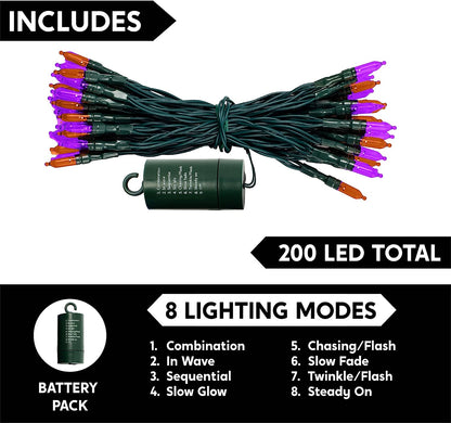 200 Orange & Purple LED Green Wire String Lights
