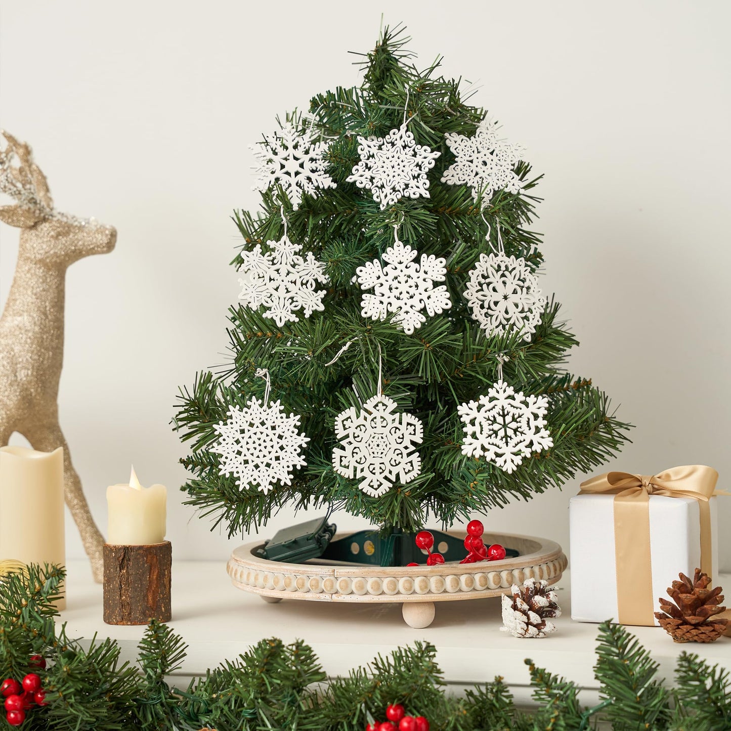 60pcs Christmas Wooden Snowflake Hanging Ornaments, 3.5'' White