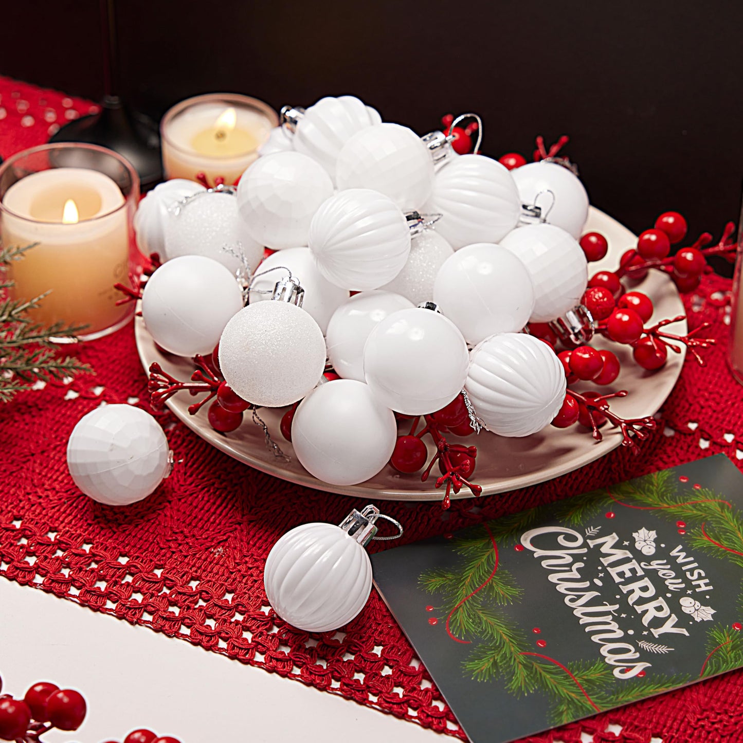 24 Pcs 1.6" White Christmas Balls Ornaments Set