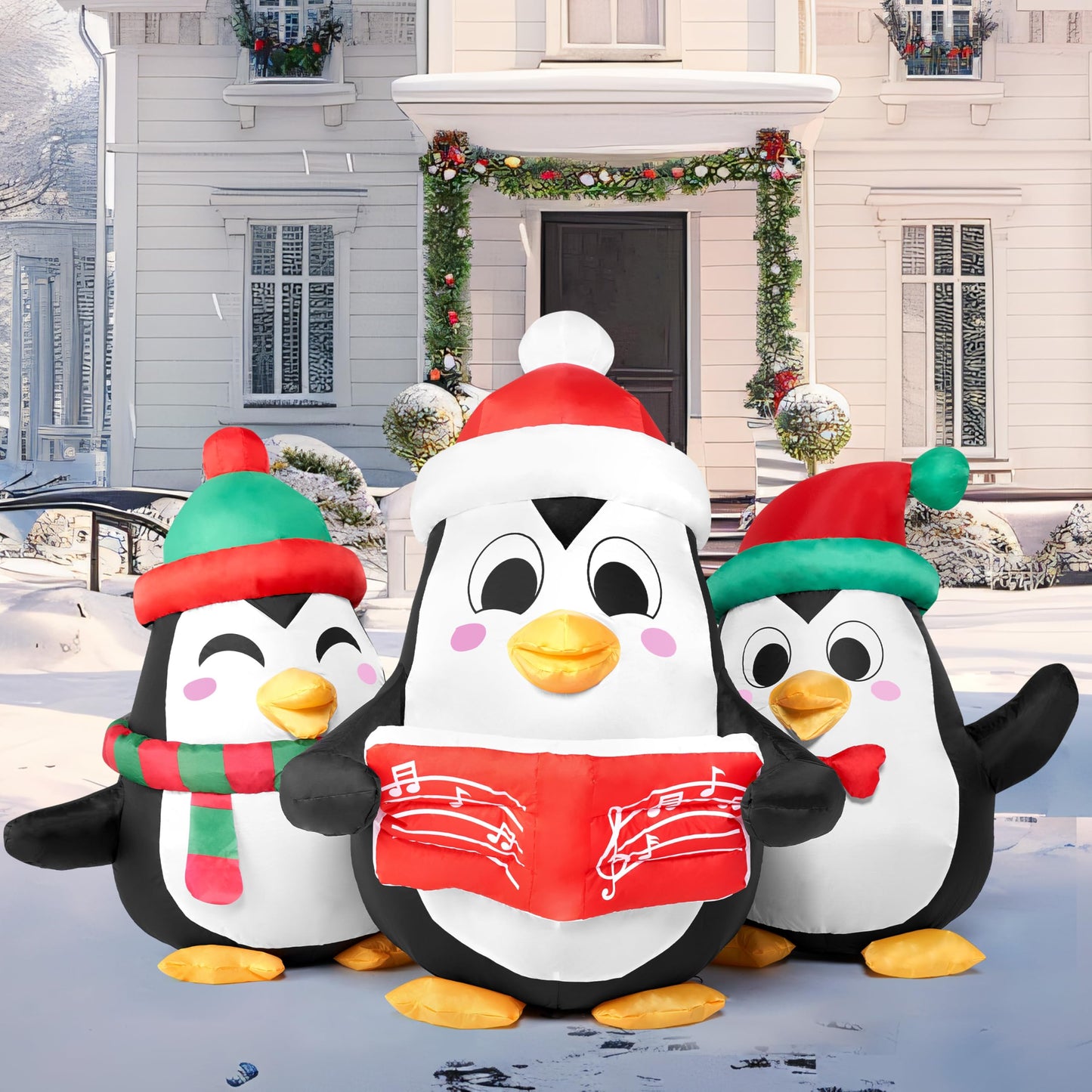 6 FT Long Christmas Inflatable Penguins Choir with Build-in LEDs