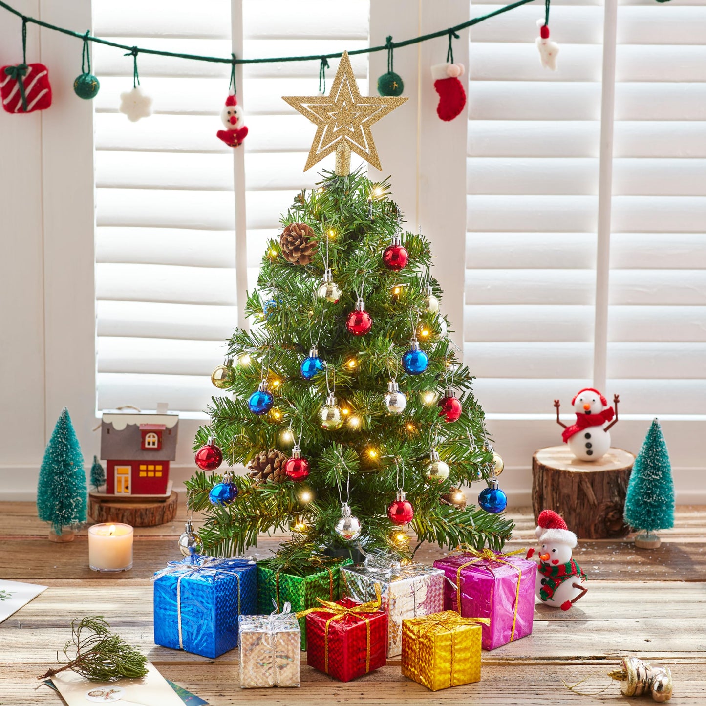 24 Inch/2FT Pre Lit Tabletop Mini Christmas Tree Decorations with Warm LED Lights