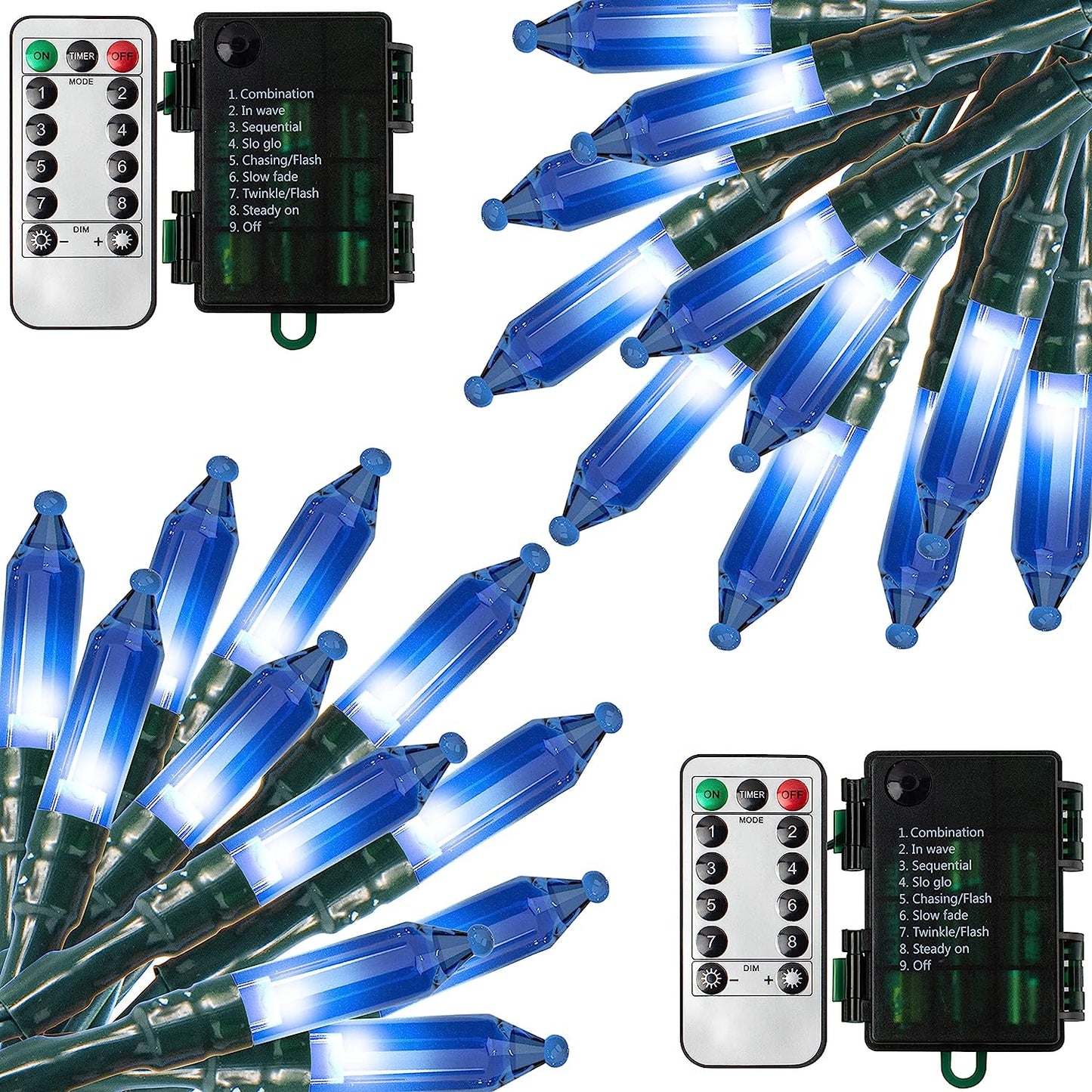 2x50 Blue LED Green Wire String Lights, Remote Control Battery Powered