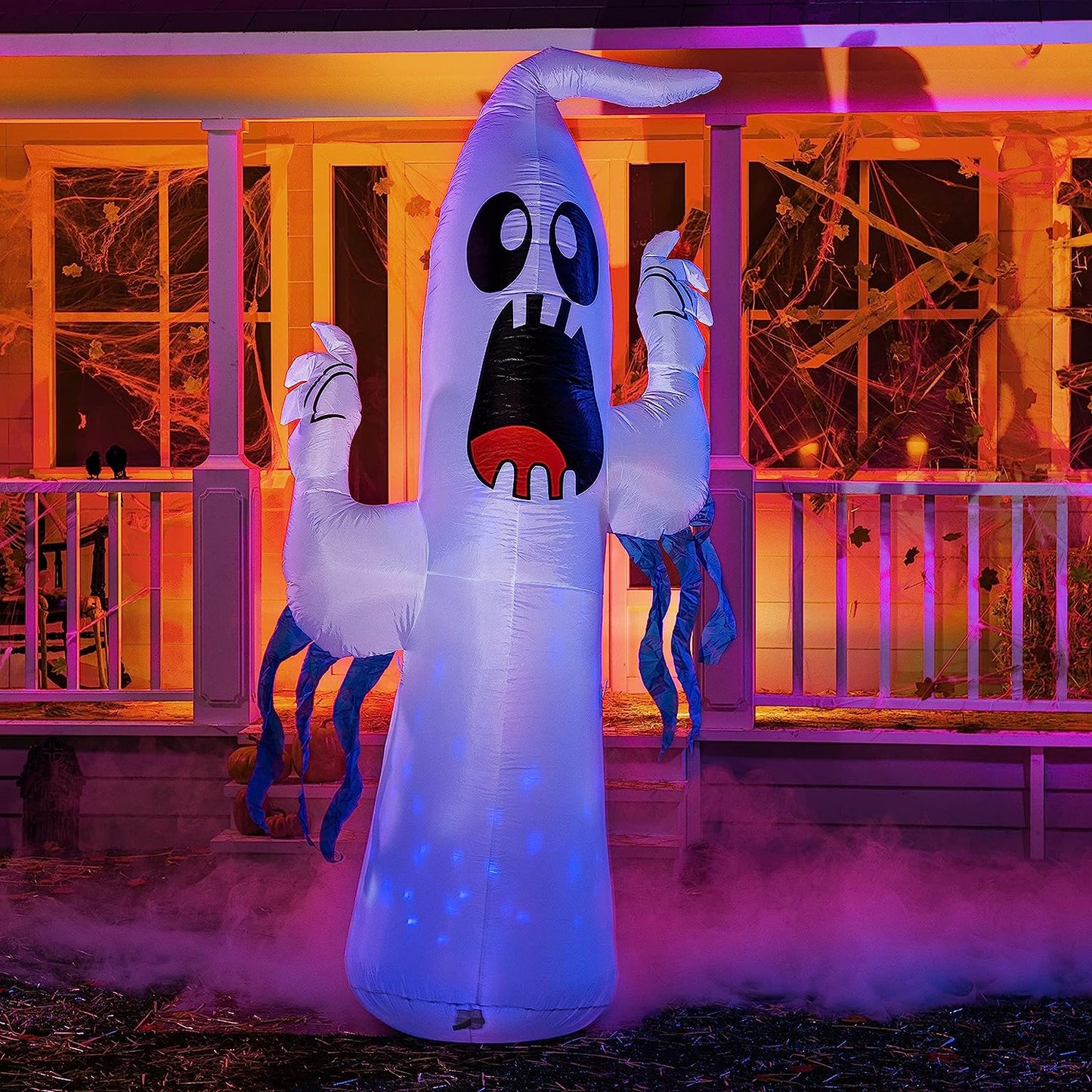 8ft Halloween Ghost with Ice Light and Blue Ribbon