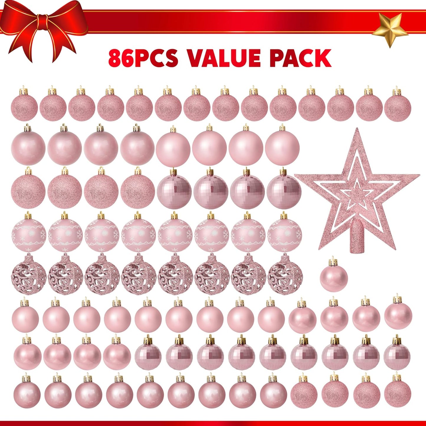 86 Pcs Assorted Rose Gold Christmas Ball Ornaments Set, Multi-Sized Christmas Tree Ornaments