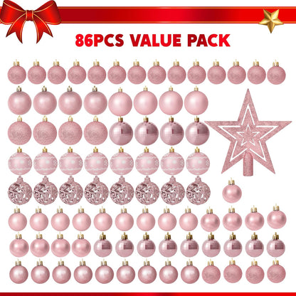 86 Pcs Assorted Rose Gold Christmas Ball Ornaments Set, Multi-Sized Christmas Tree Ornaments