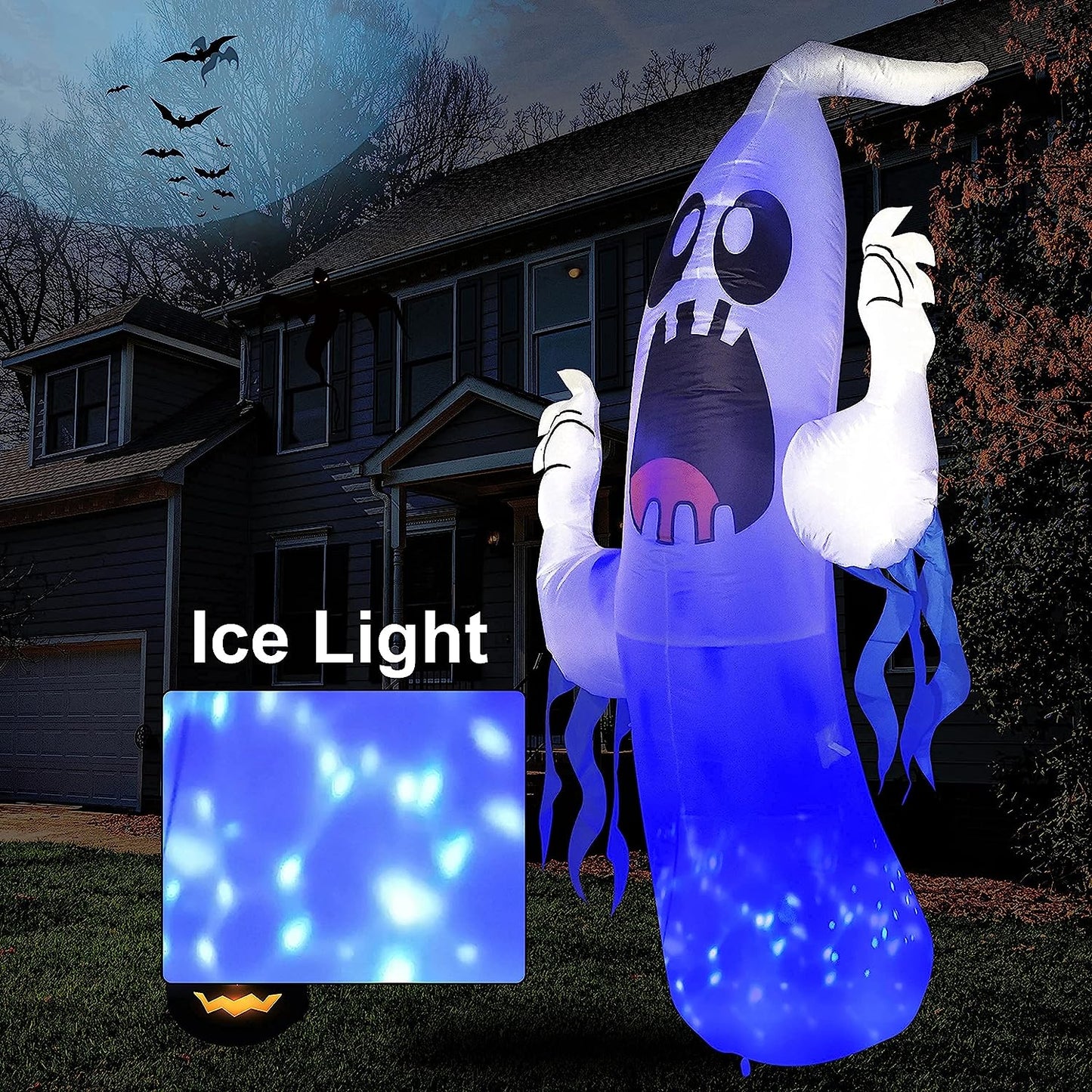 8ft Halloween Ghost with Ice Light and Blue Ribbon