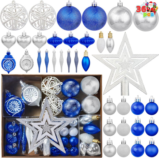 36 Pcs Assorted Christmas Ball Ornaments Set with Star Topper and Heart, Blue