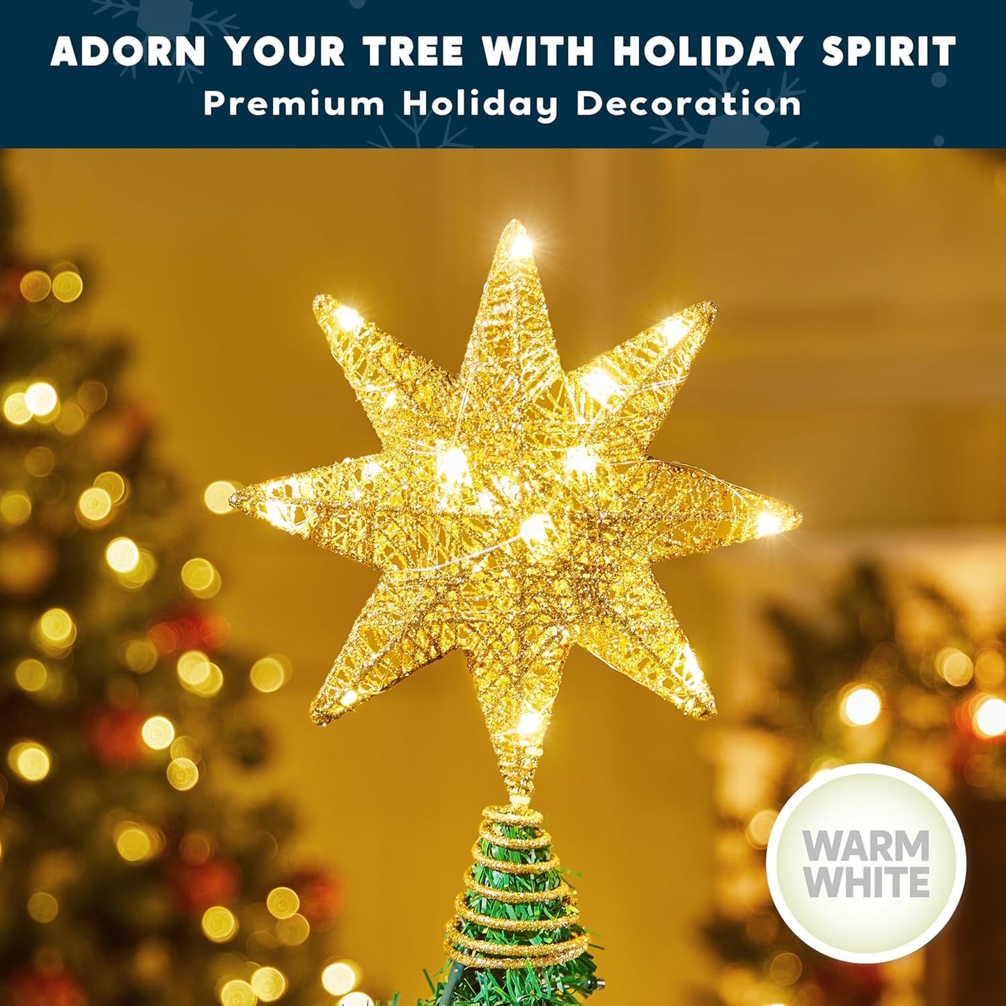 10inch LED Metal Glitter 8-Point Star Christmas Tree Topper