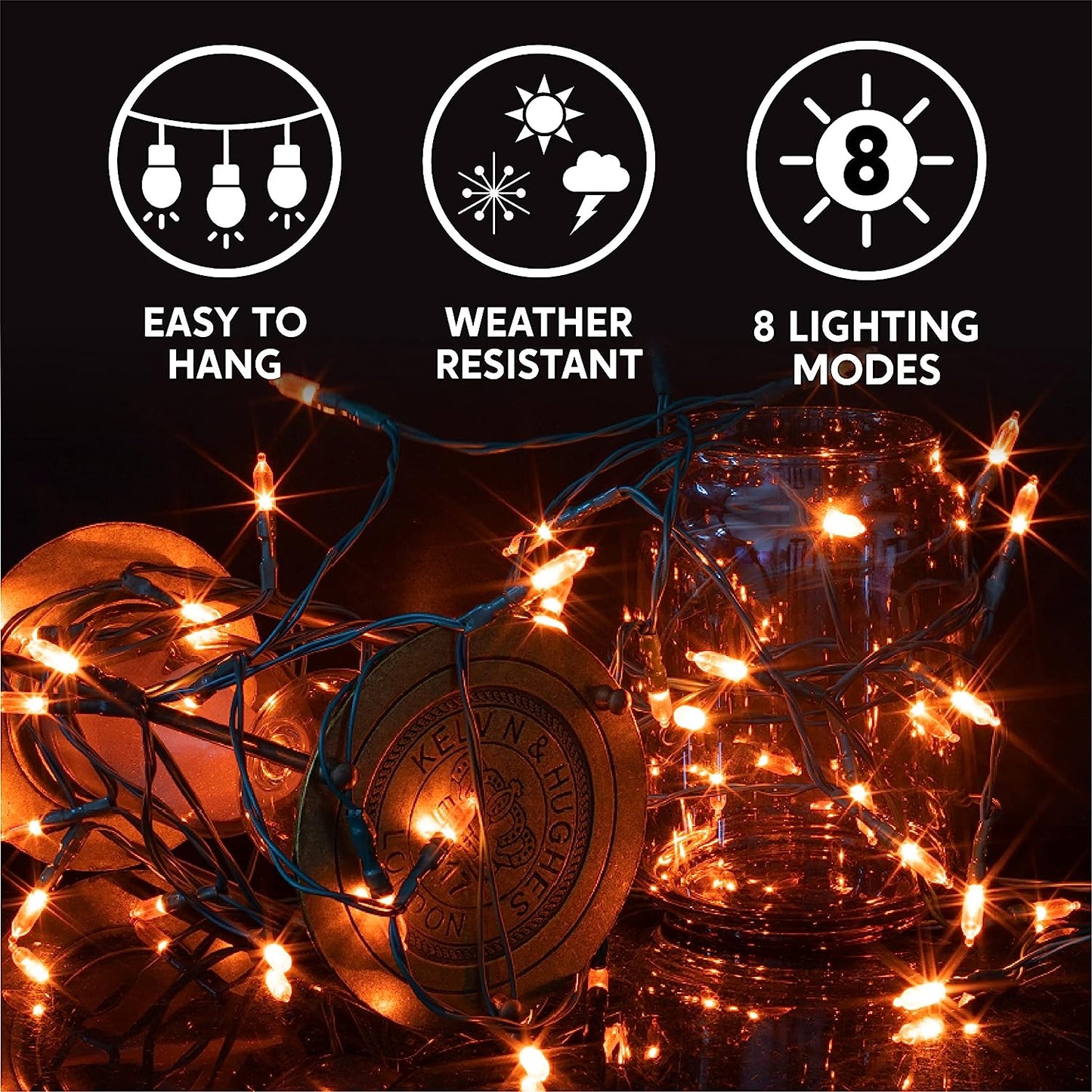 2x50 Orange LED Green Wire String Lights, Remote Control Battery Powered