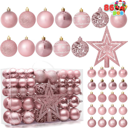 86 Pcs Assorted Rose Gold Christmas Ball Ornaments Set, Multi-Sized Christmas Tree Ornaments