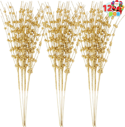 12 Pcs Christmas Gold Glitter Berry Stems