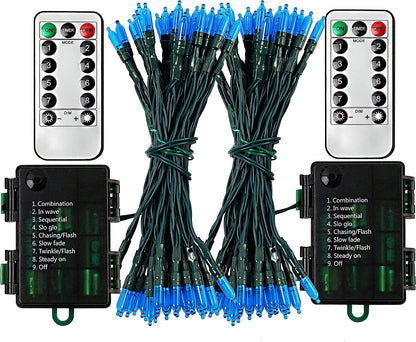 2x50 Blue LED Green Wire String Lights, Remote Control Battery Powered