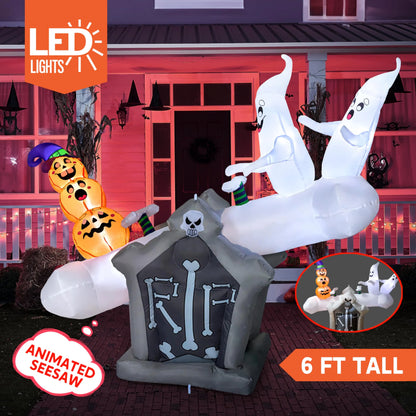 Animated 6ft Halloween Inflatable Ghost and Pumpkin Playing Seesaw for Outdoor Decor
