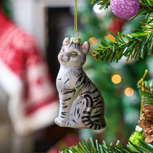 Christmas Cat Shorthair Glass Blown Ornament for Christmas Tree Decoration