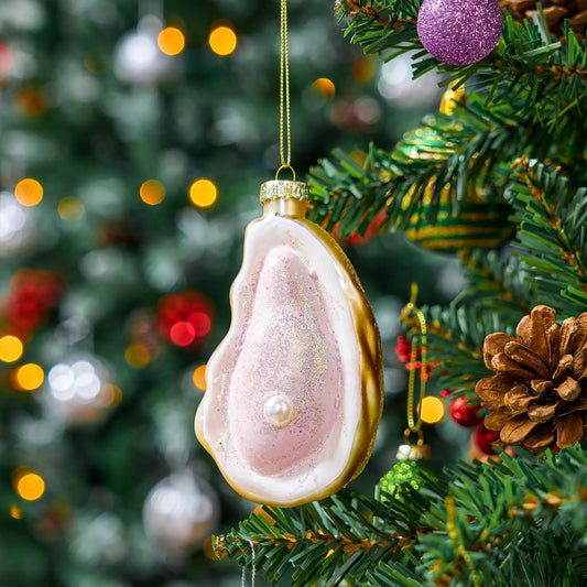 Christmas Oyster with Pearl Glass Blown Food Ornament for Christmas Tree Decoration