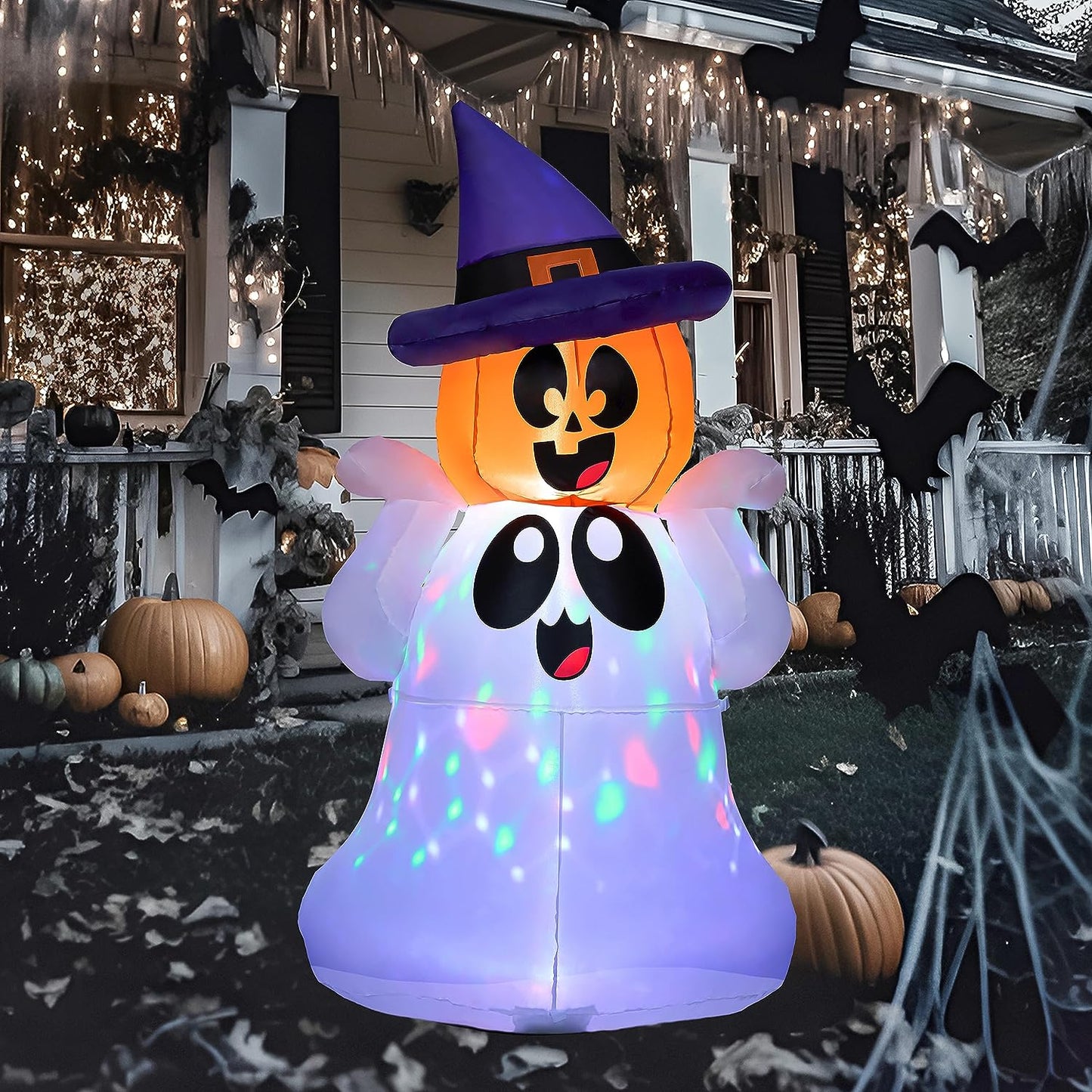 Joiedomi 5 FT Tall Halloween Inflatable Ghost with Pumpkin Head and Build-in Colorful LEDs
